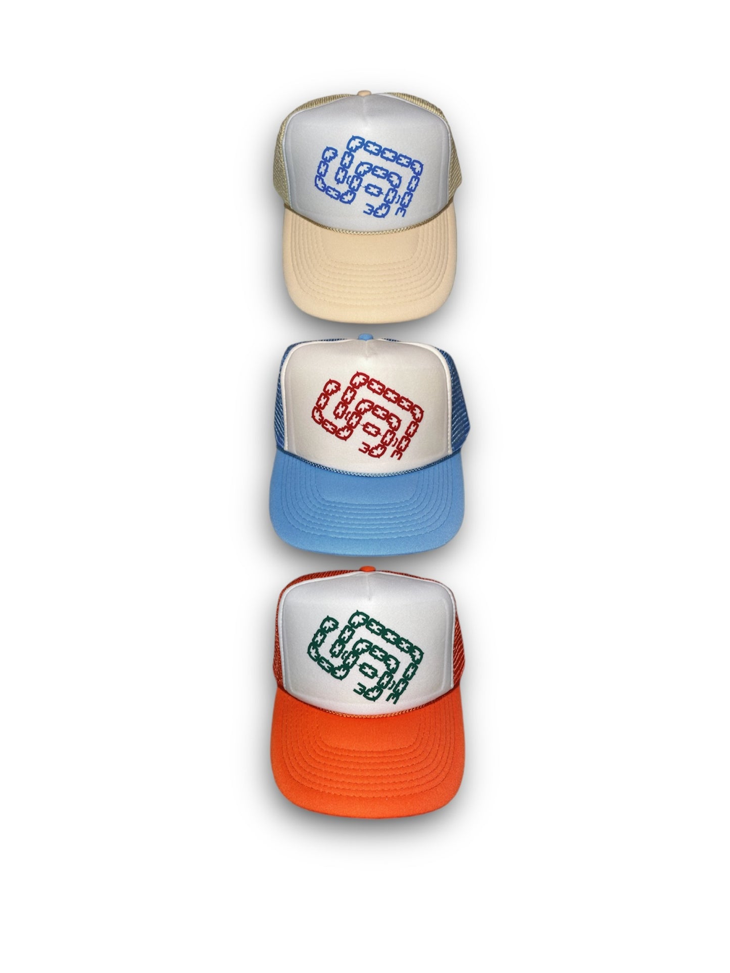 Red, sky & white SD Palmtrees trucker hat