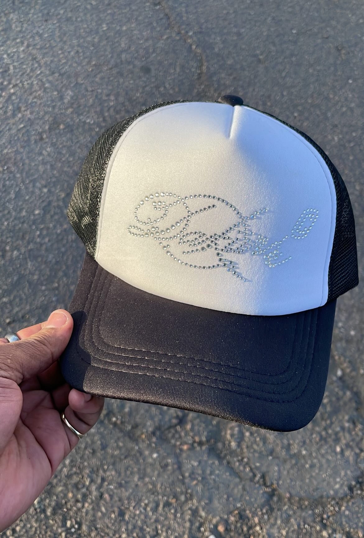 “Fancy” Black & White Rhinestone Trucker