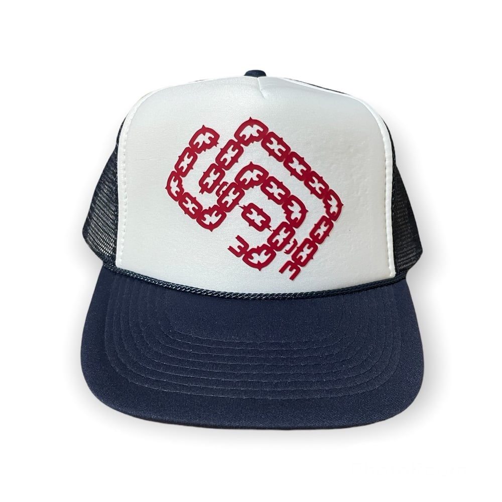 Navy, White, Red SD Palmtrees Chain Trucker hat