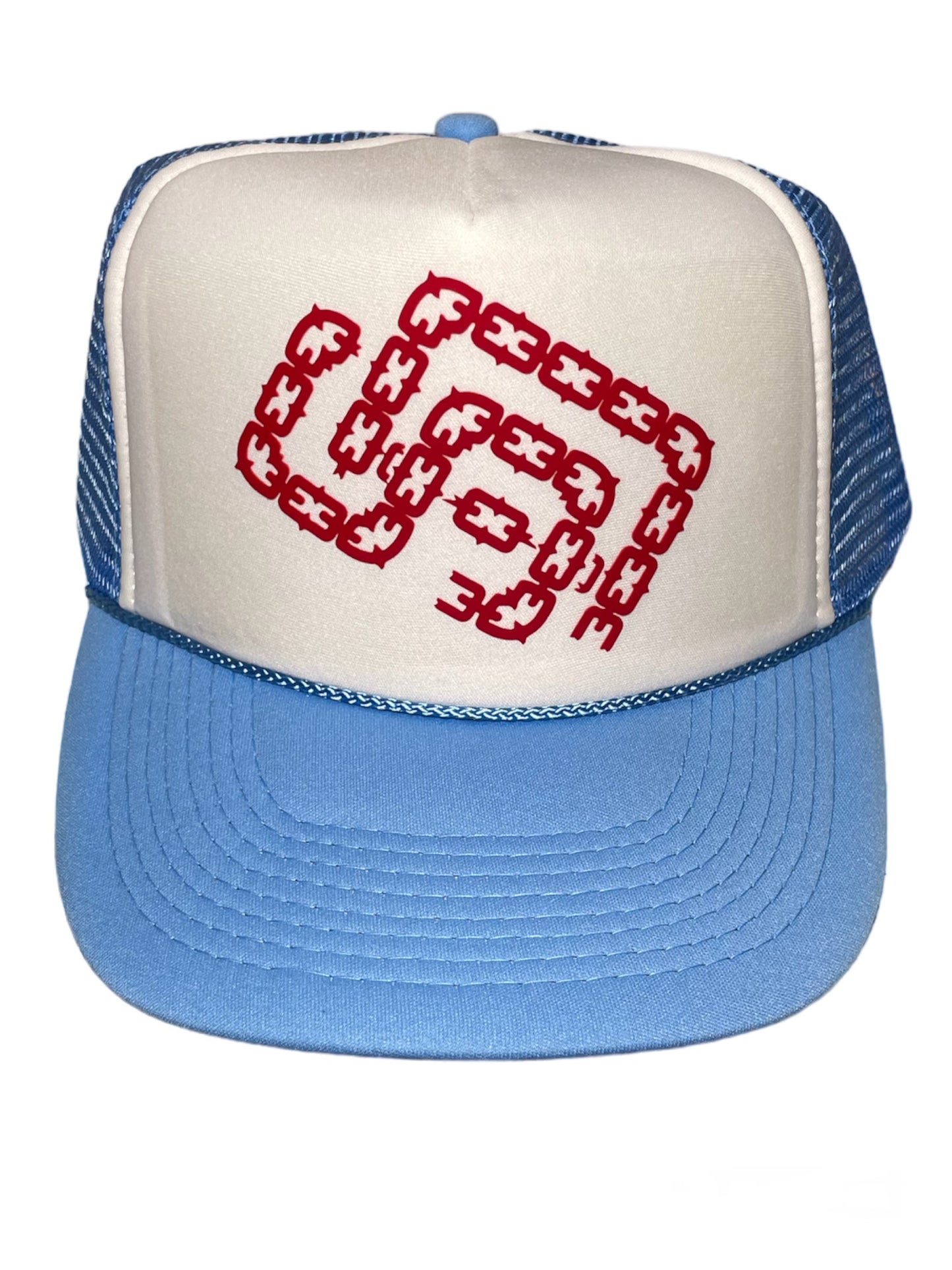 Red, sky & white SD Palmtrees trucker hat