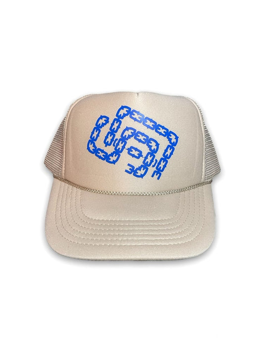 Light Cream & Royal Blue SD Tilted logo Palmtrees Trucker