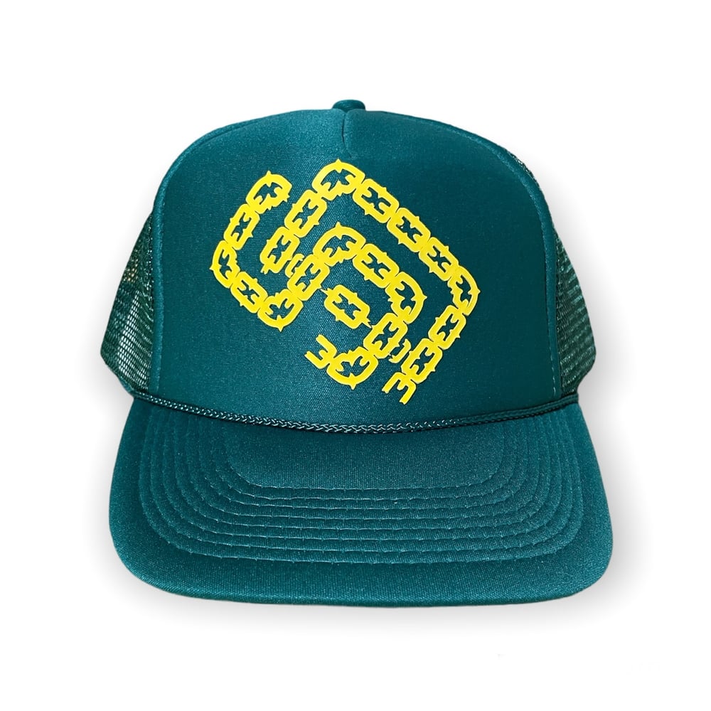 Green & Yellow SD Palmtrees Chain Trucker hat