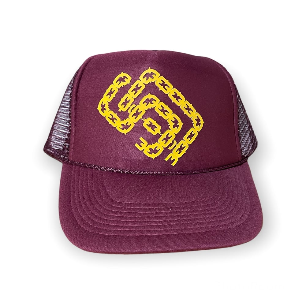 Maroon & Yellow SD Palmtrees Chain Trucker hat