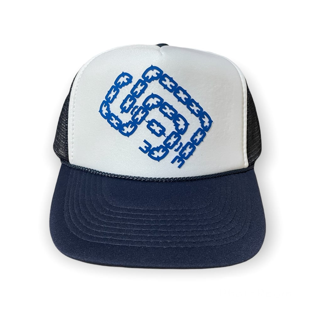 Navy, white ,Royal SD Palmtrees Chain Trucker hat