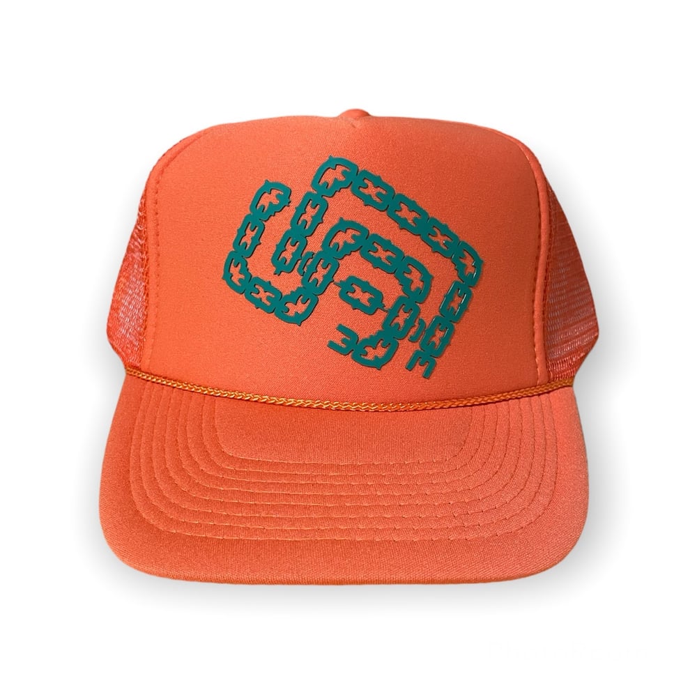 Orange & Green SD Palmtrees Chain Trucker hat